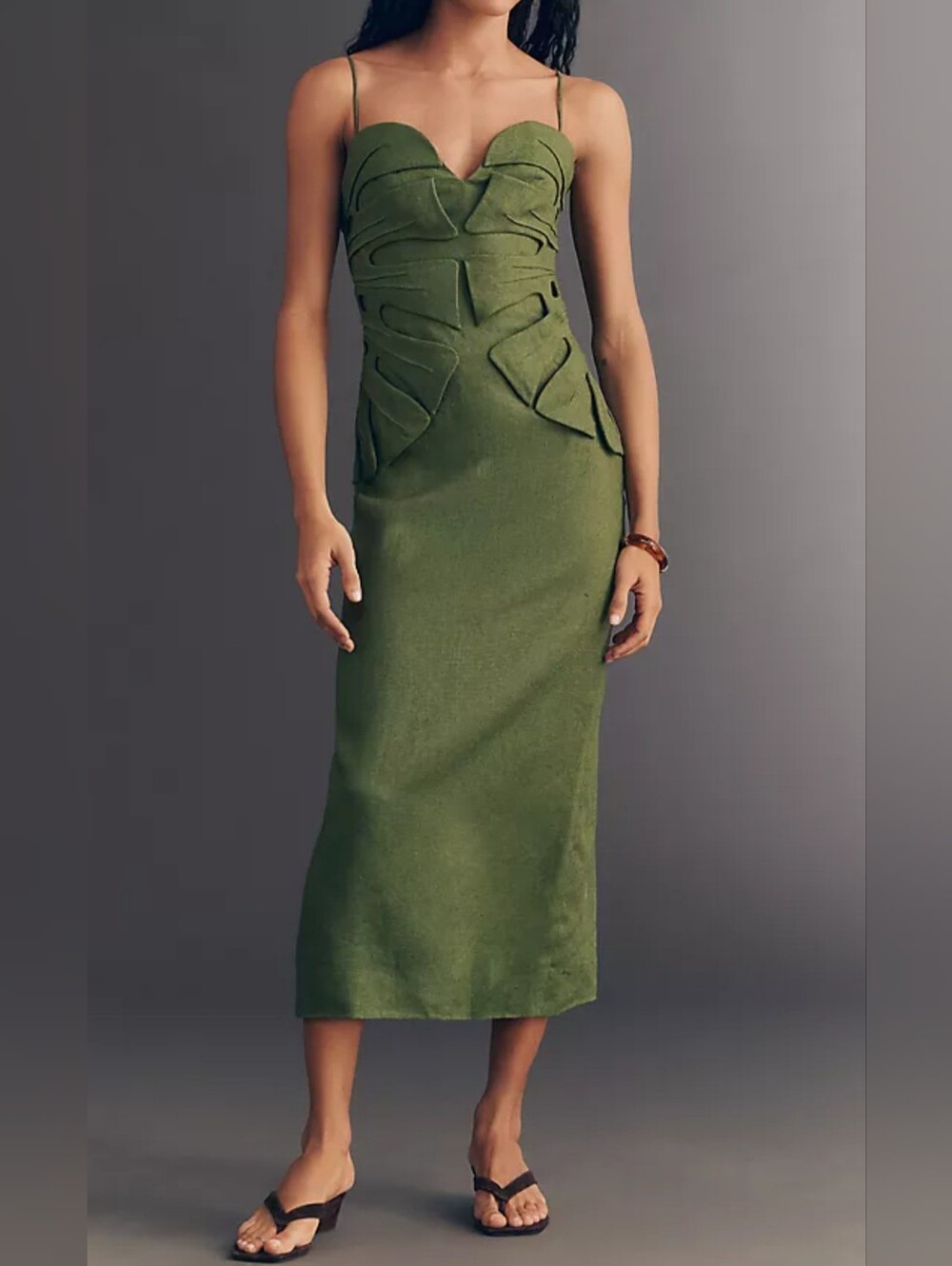 Farm Rio 100% Linen 3D Sculpted Monstera Leaf Midi Dress